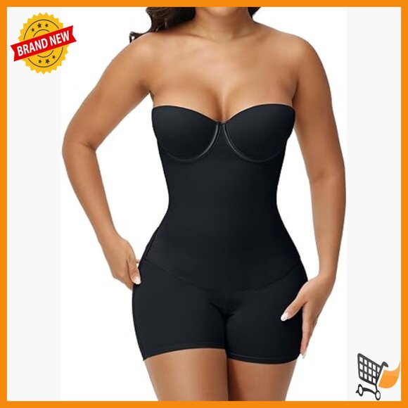 Strapless Shapewear Bodysuit with Lace-Up Back Underwire Support Size Medium